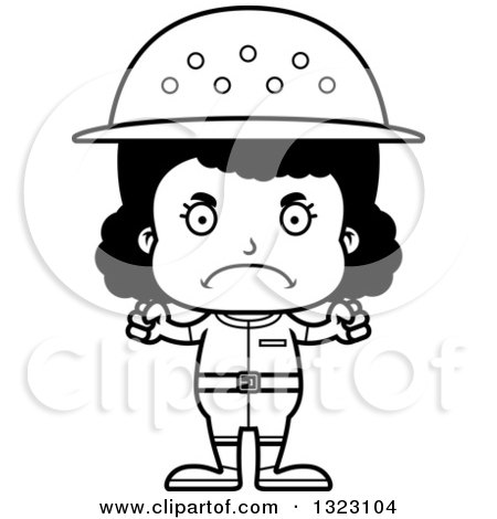 Lineart Clipart of a Cartoon Mad Black Girl Zookeeper - Royalty Free Outline Vector Illustration by Cory Thoman