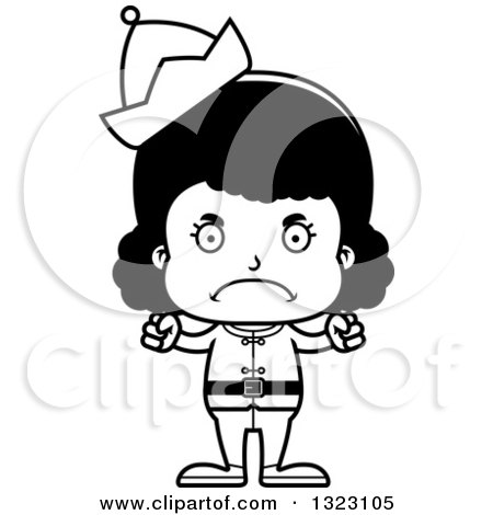 Lineart Clipart of a Cartoon Mad Black Christmas Elf Girl - Royalty Free Outline Vector Illustration by Cory Thoman