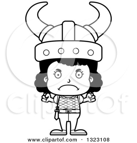 Lineart Clipart of a Cartoon Mad Black Viking Girl - Royalty Free Outline Vector Illustration by Cory Thoman