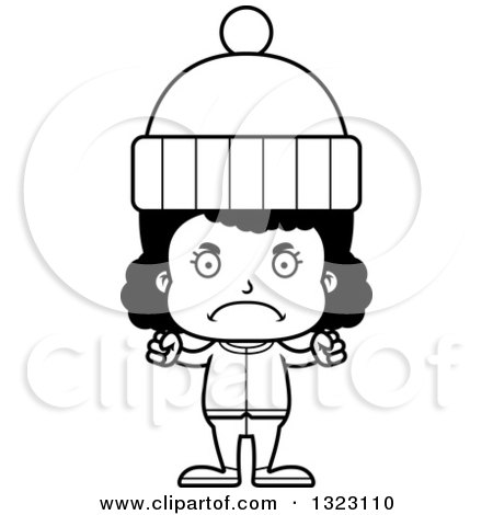 Lineart Clipart of a Cartoon Mad Black Girl in Winter Clothes - Royalty Free Outline Vector Illustration by Cory Thoman