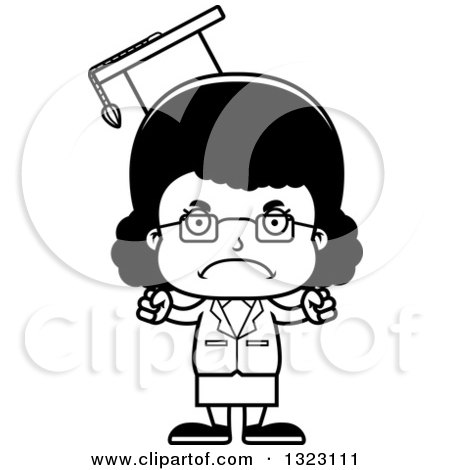 Lineart Clipart of a Cartoon Mad Black Girl Professor - Royalty Free Outline Vector Illustration by Cory Thoman