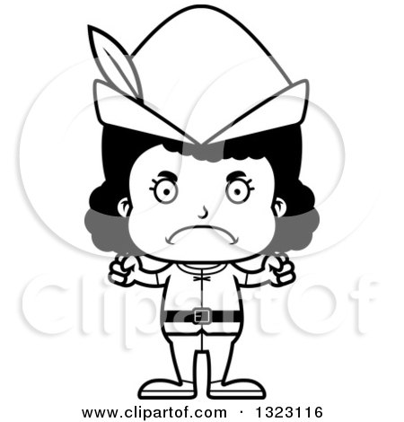 Lineart Clipart of a Cartoon Mad Black Robin Hood Girl - Royalty Free Outline Vector Illustration by Cory Thoman