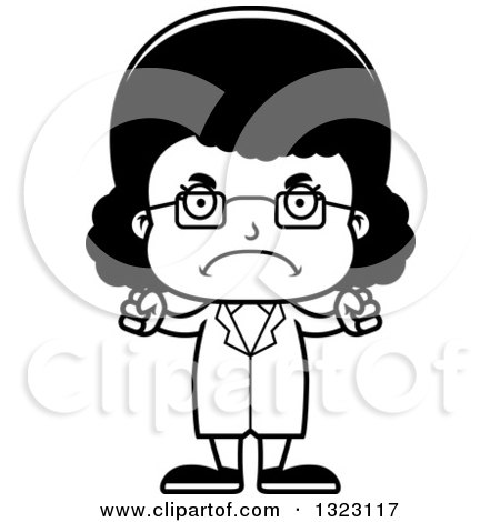 Lineart Clipart of a Cartoon Mad Black Girl Scientist - Royalty Free Outline Vector Illustration by Cory Thoman