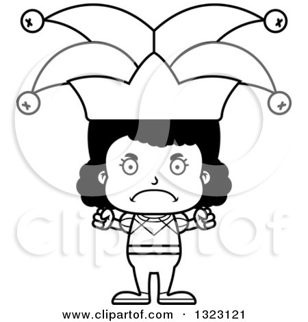 Lineart Clipart of a Cartoon Mad Black Girl Jester - Royalty Free Outline Vector Illustration by Cory Thoman