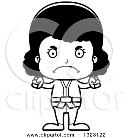 Lineart Clipart of a Cartoon Mad Black Karate Girl - Royalty Free Outline Vector Illustration by Cory Thoman