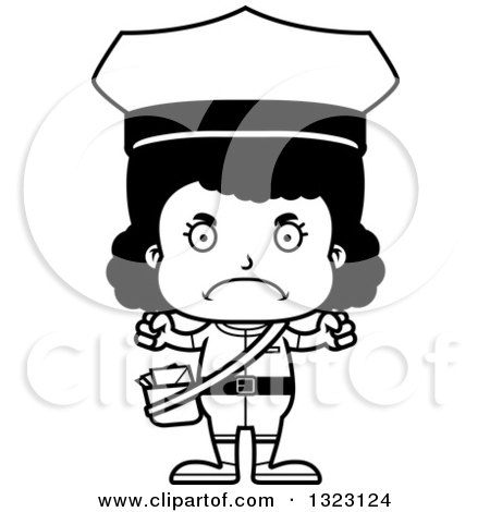 Lineart Clipart of a Cartoon Mad Black Girl Mailman - Royalty Free Outline Vector Illustration by Cory Thoman