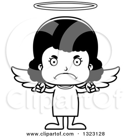 Lineart Clipart of a Cartoon Mad Black Girl Angel - Royalty Free Outline Vector Illustration by Cory Thoman