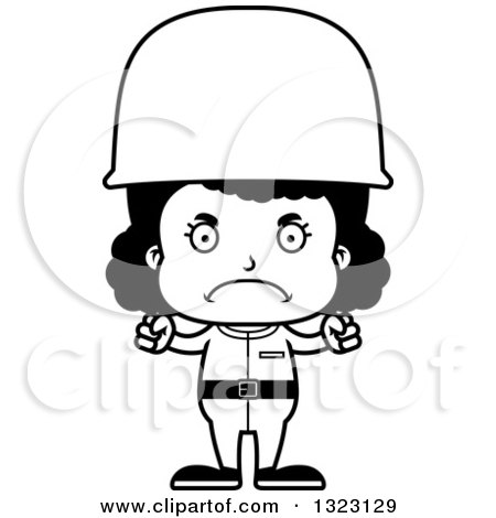 Lineart Clipart of a Cartoon Mad Black Girl Soldier - Royalty Free Outline Vector Illustration by Cory Thoman