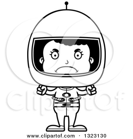 Lineart Clipart of a Cartoon Mad Black Girl Astronaut - Royalty Free Outline Vector Illustration by Cory Thoman