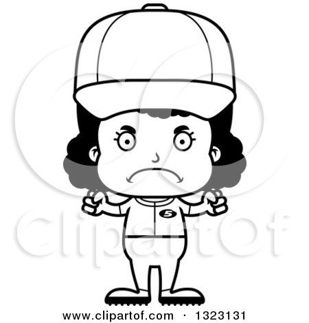 Lineart Clipart of a Cartoon Mad Black Softball Baseball Player Girl - Royalty Free Outline Vector Illustration by Cory Thoman