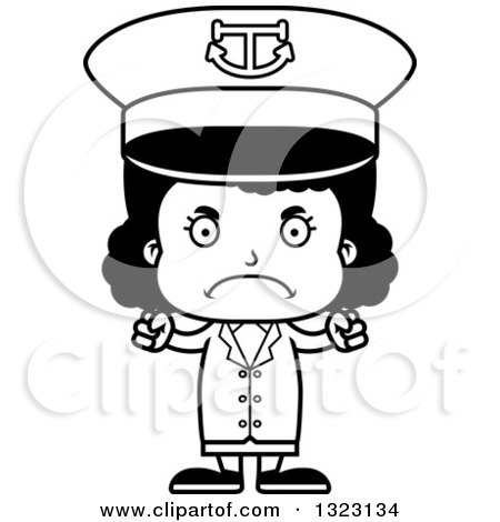 Lineart Clipart of a Cartoon Mad Black Girl Captain - Royalty Free Outline Vector Illustration by Cory Thoman