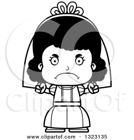 Lineart Clipart of a Cartoon Mad Black Girl Bride - Royalty Free Outline Vector Illustration by Cory Thoman