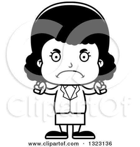 Lineart Clipart of a Cartoon Mad Black Business Girl - Royalty Free Outline Vector Illustration by Cory Thoman