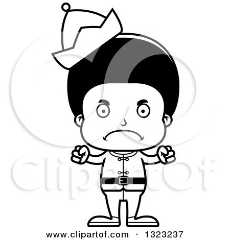 Lineart Clipart of a Cartoon Mad Black Christmas Elf Boy - Royalty Free Outline Vector Illustration by Cory Thoman
