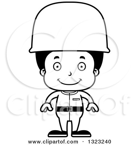 Lineart Clipart of a Cartoon Happy Black Boy Army Soldier - Royalty Free Outline Vector Illustration by Cory Thoman
