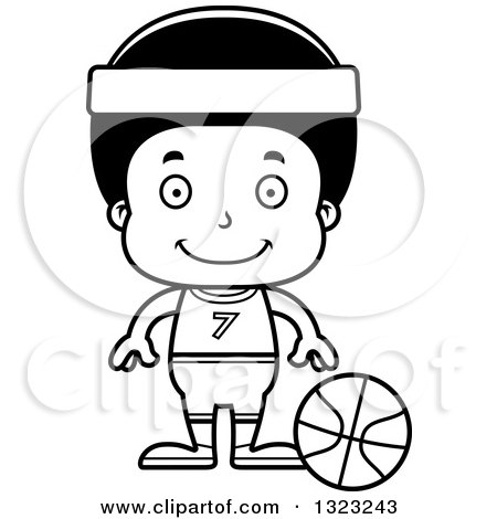 Lineart Clipart of a Cartoon Happy Black Boy Basketball Player - Royalty Free Outline Vector Illustration by Cory Thoman