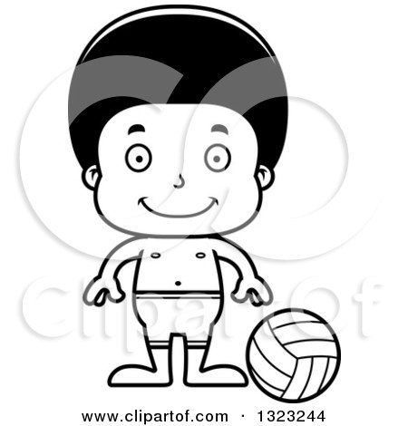 Lineart Clipart of a Cartoon Happy Black Boy Beach Volleyball Player - Royalty Free Outline Vector Illustration by Cory Thoman