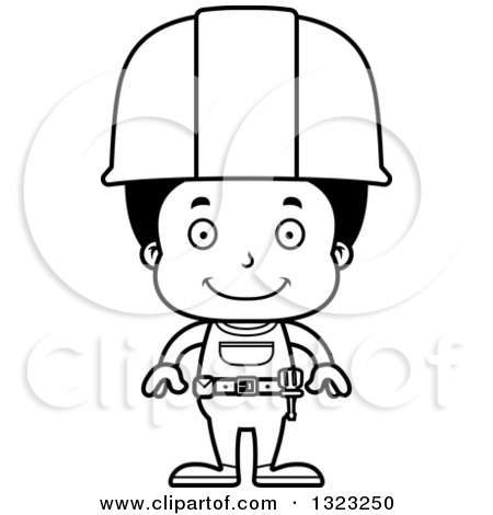 Lineart Clipart of a Cartoon Happy Black Boy Construction Worker - Royalty Free Outline Vector Illustration by Cory Thoman