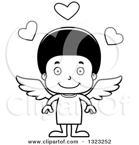 Lineart Clipart of a Cartoon Happy Black Boy Cupid - Royalty Free Outline Vector Illustration by Cory Thoman