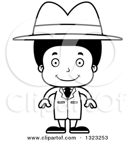 Lineart Clipart of a Cartoon Happy Black Boy Detective - Royalty Free Outline Vector Illustration by Cory Thoman