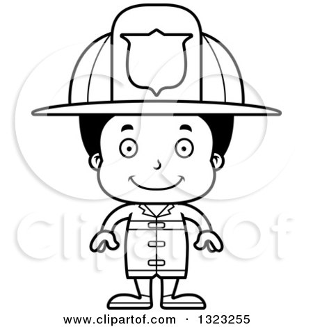 Lineart Clipart of a Cartoon Happy Black Boy Firefighter - Royalty Free Outline Vector Illustration by Cory Thoman