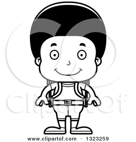 Lineart Clipart of a Cartoon Happy Black Boy Hiker - Royalty Free Outline Vector Illustration by Cory Thoman