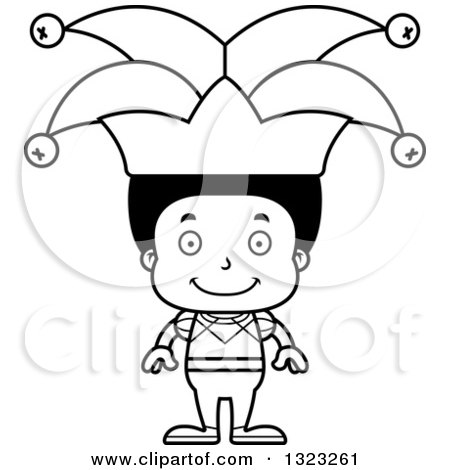 Lineart Clipart of a Cartoon Happy Black Boy Jester - Royalty Free Outline Vector Illustration by Cory Thoman