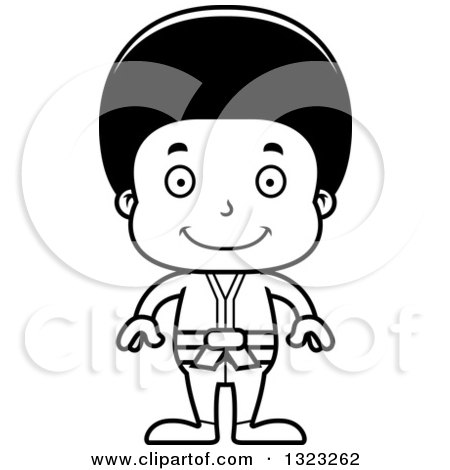 Lineart Clipart of a Cartoon Happy Black Karate Boy - Royalty Free Outline Vector Illustration by Cory Thoman