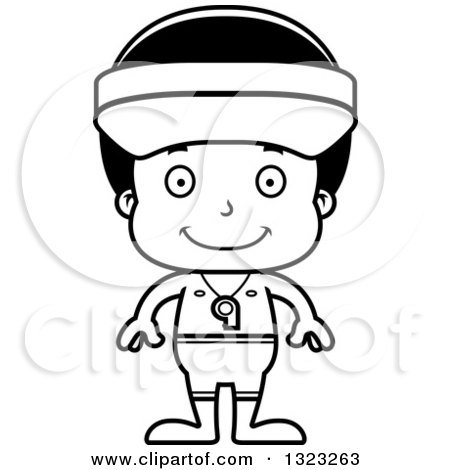 Lineart Clipart of a Cartoon Happy Black Boy Lifeguard - Royalty Free Outline Vector Illustration by Cory Thoman