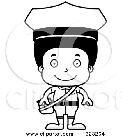 Lineart Clipart of a Cartoon Happy Black Boy Mailman - Royalty Free Outline Vector Illustration by Cory Thoman