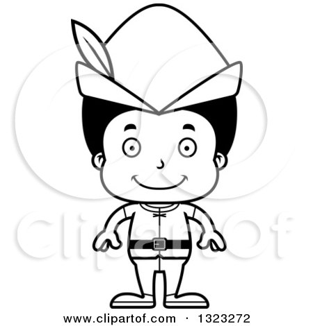 Lineart Clipart of a Cartoon Happy Black Robin Hood Boy - Royalty Free Outline Vector Illustration by Cory Thoman