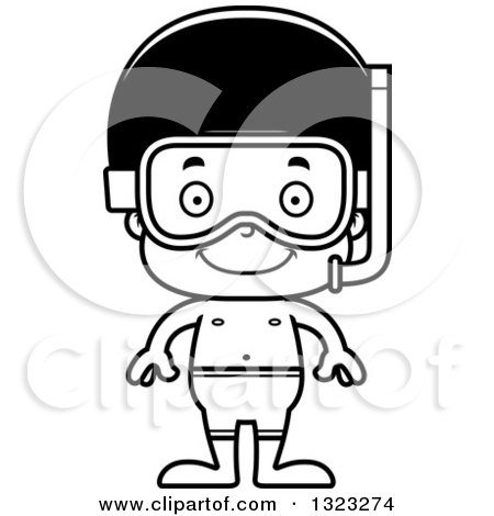 Lineart Clipart of a Cartoon Happy Black Boy in Snorkel Gear - Royalty Free Outline Vector Illustration by Cory Thoman