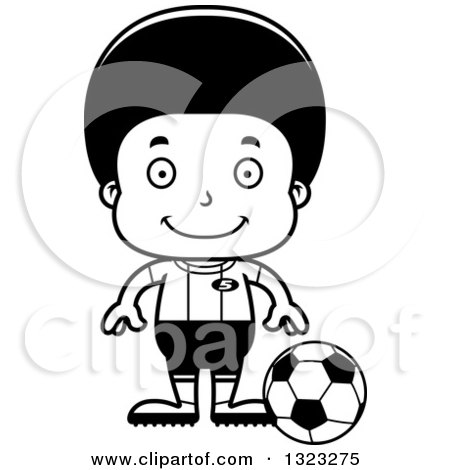 Lineart Clipart of a Cartoon Happy Black Boy Soccer Player - Royalty Free Outline Vector Illustration by Cory Thoman