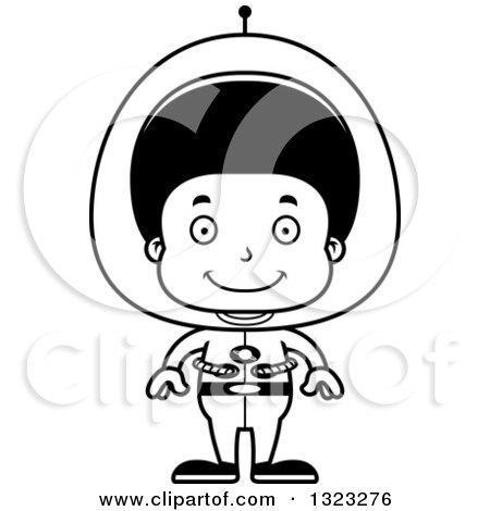 Lineart Clipart of a Cartoon Happy Black Futuristic Space Boy - Royalty Free Outline Vector Illustration by Cory Thoman