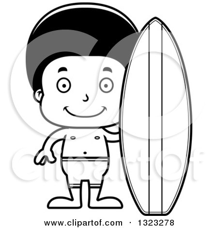 Lineart Clipart of a Cartoon Happy Black Surfer Boy - Royalty Free Outline Vector Illustration by Cory Thoman