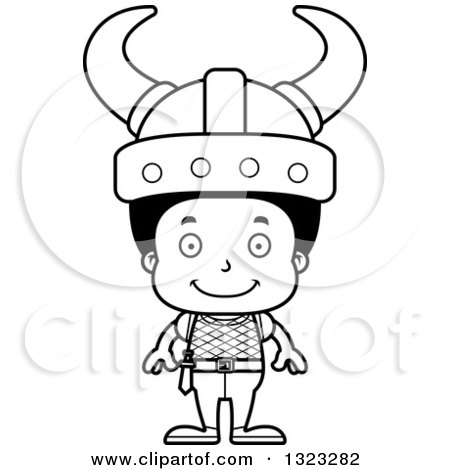 Lineart Clipart of a Cartoon Happy Black Boy Viking - Royalty Free Outline Vector Illustration by Cory Thoman