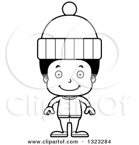 Lineart Clipart of a Cartoon Happy Black Boy in Winter Clothes - Royalty Free Outline Vector Illustration by Cory Thoman
