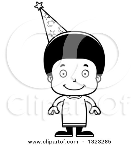 Lineart Clipart of a Cartoon Happy Black Boy Wizard - Royalty Free Outline Vector Illustration by Cory Thoman