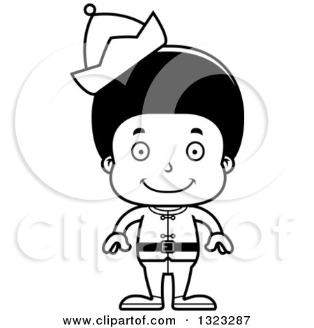 Lineart Clipart of a Cartoon Happy Black Christmas Elf Boy - Royalty Free Outline Vector Illustration by Cory Thoman
