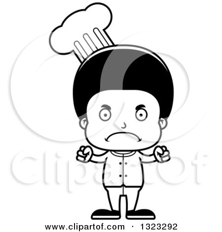 Lineart Clipart of a Cartoon Mad Black Boy Chef - Royalty Free Outline Vector Illustration by Cory Thoman