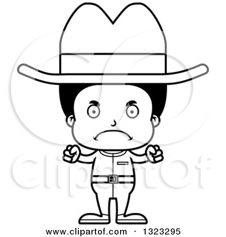 Lineart Clipart of a Cartoon Mad Black Cowboy - Royalty Free Outline Vector Illustration by Cory Thoman