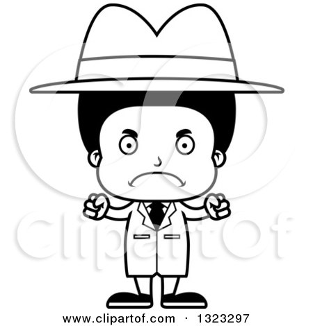 Lineart Clipart of a Cartoon Mad Black Boy Detective - Royalty Free Outline Vector Illustration by Cory Thoman