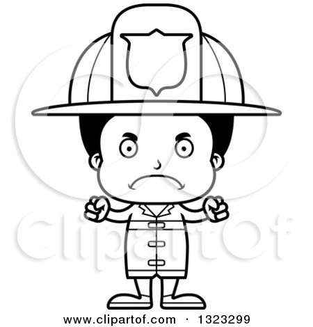 Lineart Clipart of a Cartoon Mad Black Boy Firefighter - Royalty Free Outline Vector Illustration by Cory Thoman