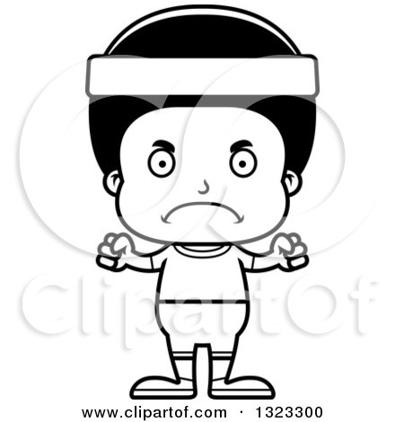 Lineart Clipart of a Cartoon Mad Black Fitness Boy - Royalty Free Outline Vector Illustration by Cory Thoman