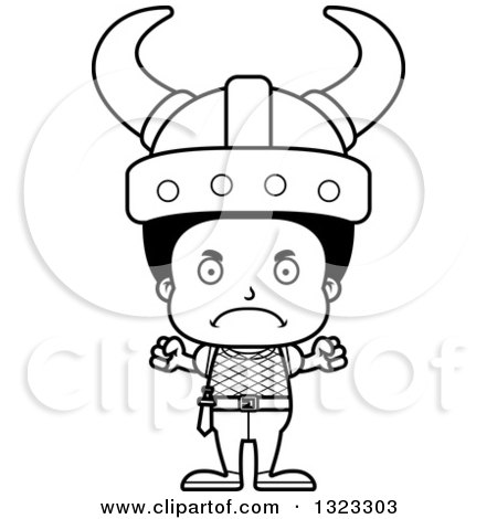 Lineart Clipart of a Cartoon Mad Black Boy Viking - Royalty Free Outline Vector Illustration by Cory Thoman
