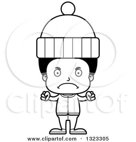 Lineart Clipart of a Cartoon Mad Black Boy in Winter Clothes - Royalty Free Outline Vector Illustration by Cory Thoman