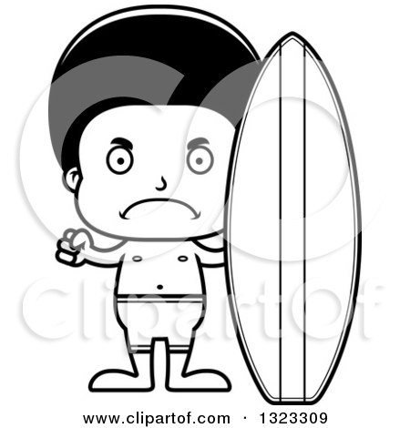 Lineart Clipart of a Cartoon Mad Black Surfer Boy - Royalty Free Outline Vector Illustration by Cory Thoman