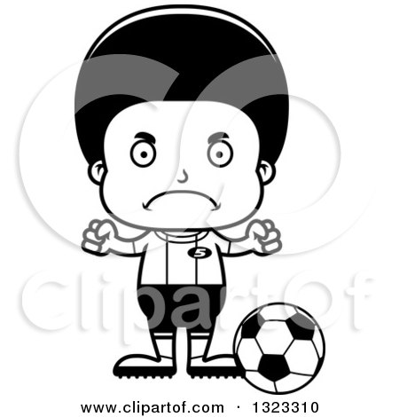 Lineart Clipart of a Cartoon Mad Black Boy Soccer Player - Royalty Free Outline Vector Illustration by Cory Thoman