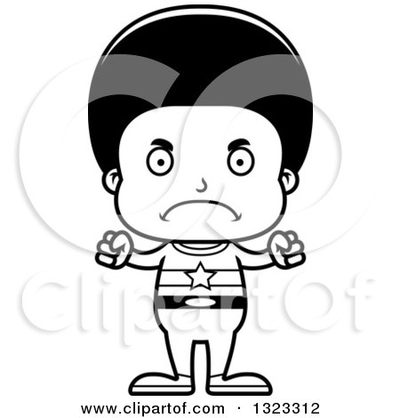 Lineart Clipart of a Cartoon Mad Black Boy Super Hero - Royalty Free Outline Vector Illustration by Cory Thoman