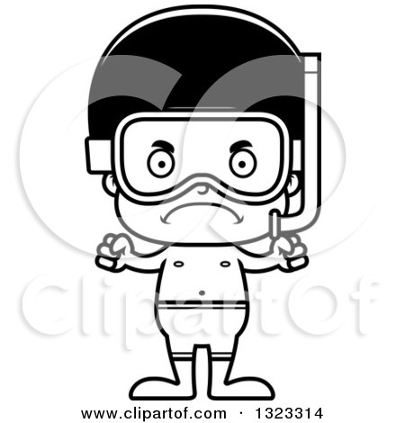 Lineart Clipart of a Cartoon Mad Black Boy in Snorkel Gear - Royalty Free Outline Vector Illustration by Cory Thoman